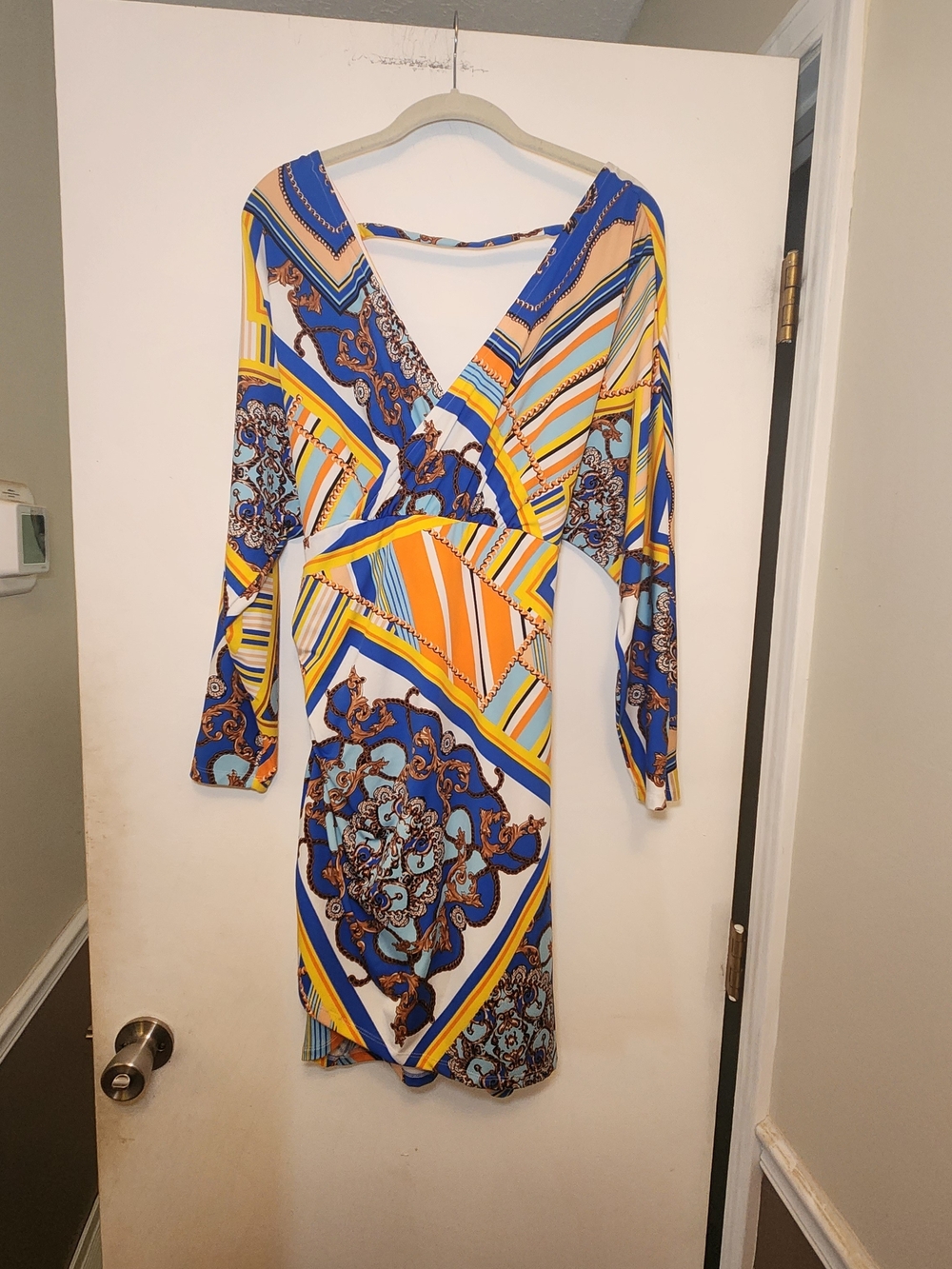 VENUS Blue, Yellow & Orange Printed Long Sleeve Wrap Dress L